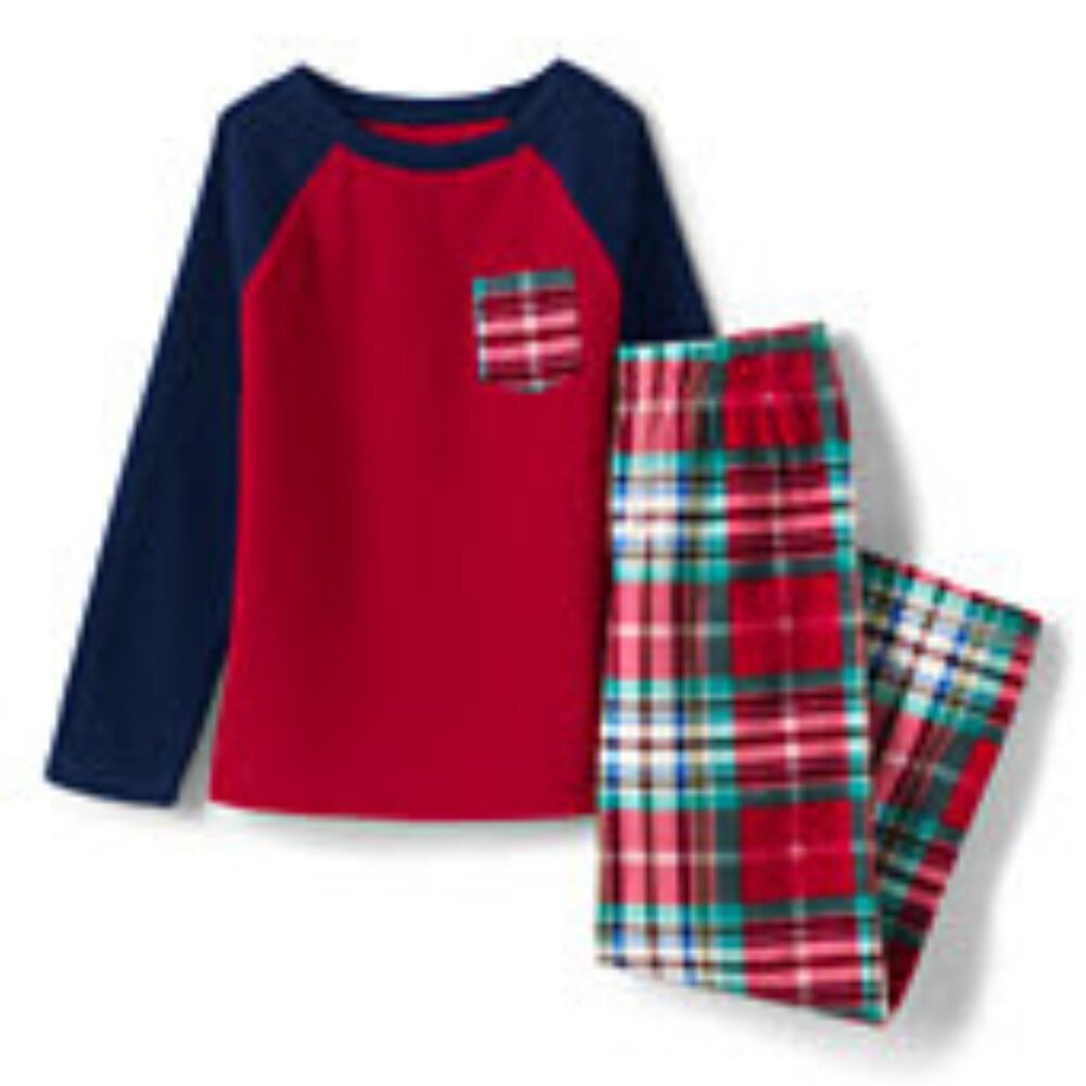 Lands End Big Boys Chest Pocket Fleece Pajama Set RICH RED PLAID Size 12